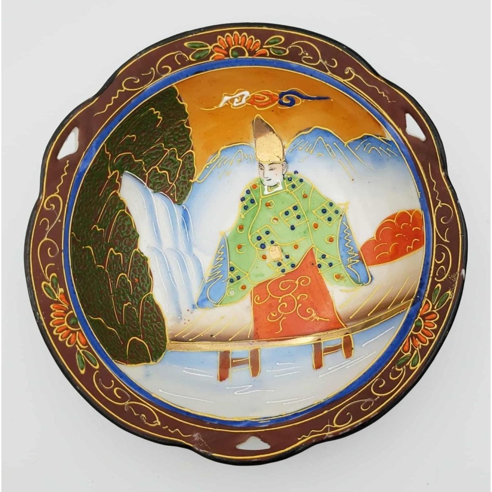 Japanese Satsuma Style Moriage Handled Bowl Figure 7.5" Vintage